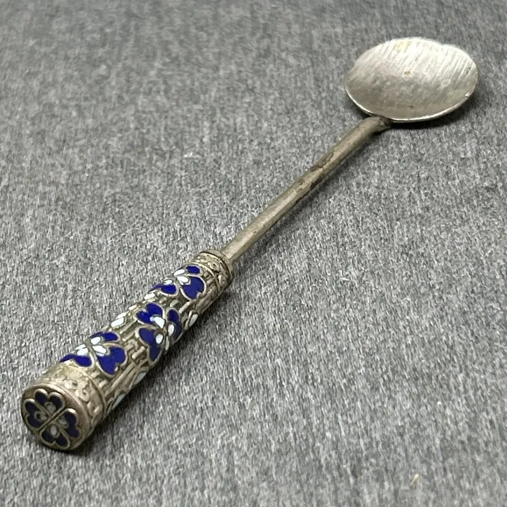 Vintage Cloisonne Enamel Long Handle Spoon Blue Floral Motif 5.25